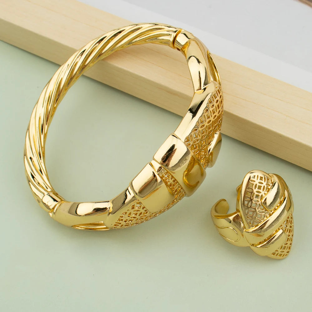 Gold Plated Cuff Bangle With Ring For Women Bracelet Jewelry Gift Hollow Out Design Bracelet