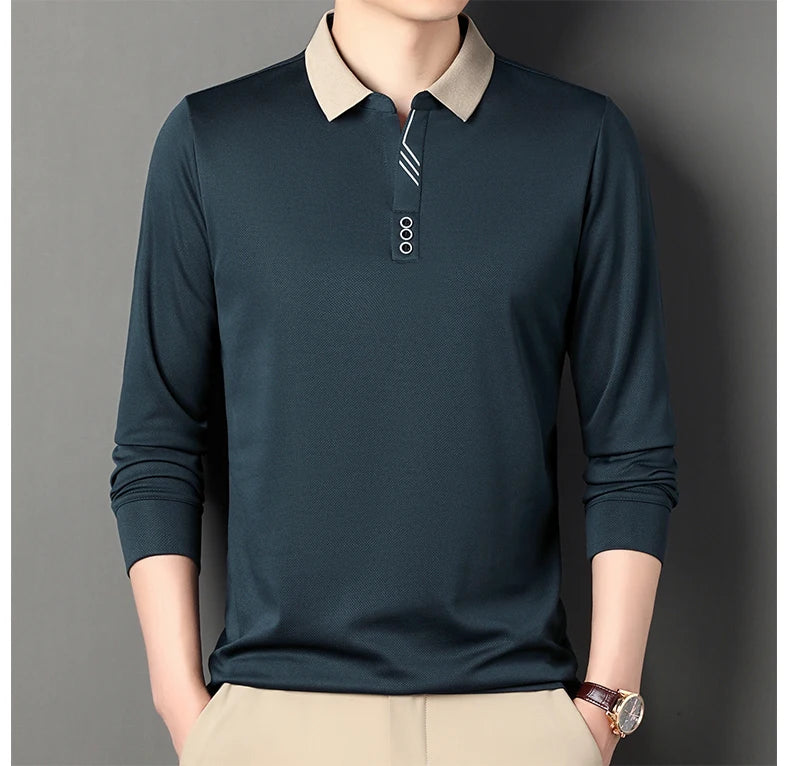 Men's Polo T-Shirt Casual Waffle Long Sleeve T-shirt Spring Autumn Elastic Lapel Base Shirt Top Brand Male Clothes