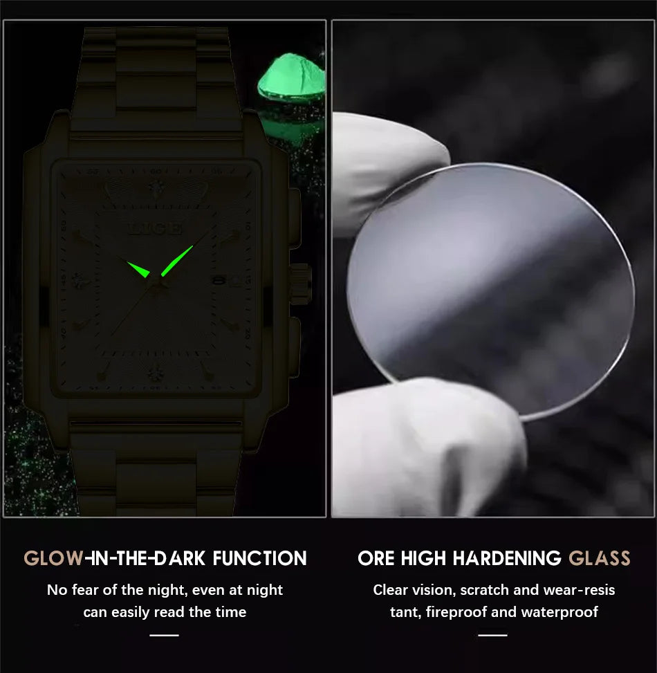 LIGE Men Square Gold Watch Top Brand Luxury Quartz Watches Stainless Steel Waterproof Wristwatch Relogio Masculino