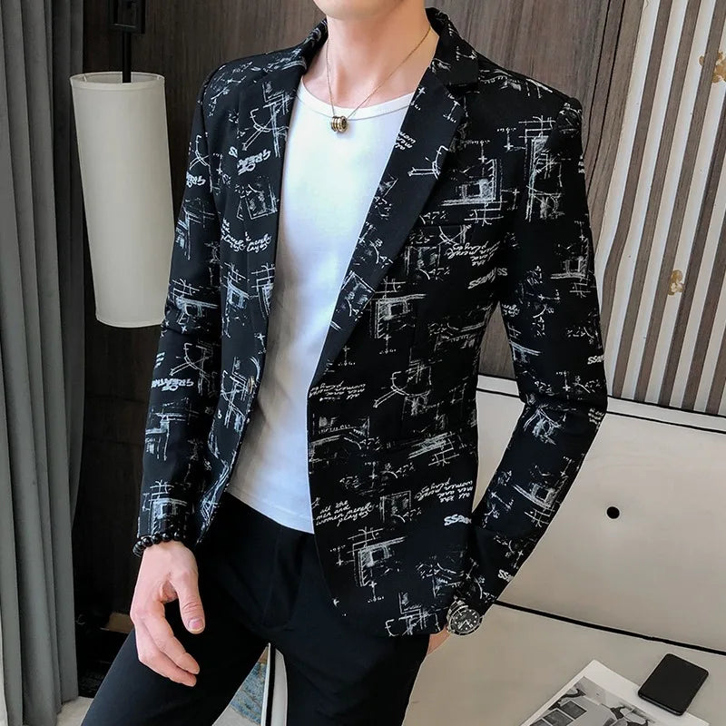 Men Blazer Spring Fashion High-quality Men Korean Version of The Printed Slim Formal Wedding Party Prom Suit Jacket