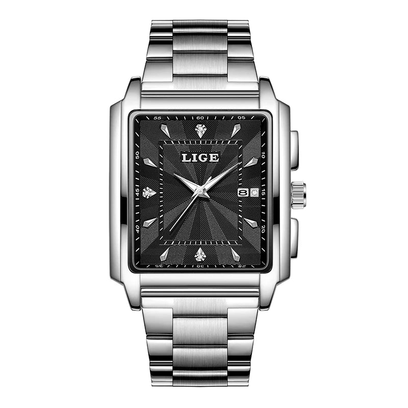 LIGE Men Square Gold Watch Top Brand Luxury Quartz Watches Stainless Steel Waterproof Wristwatch Relogio Masculino