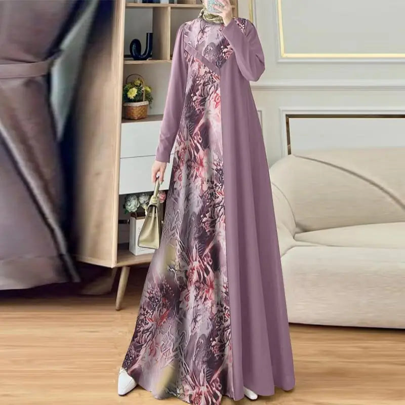 Abaya Muslim Fashion Long Sleeve O Neck Abaya Robes ZANZEA Women Elegant Floral Printed Patchwork Long Dresses