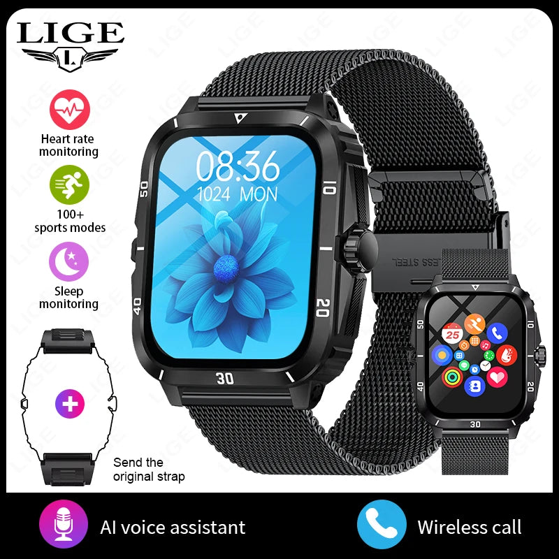 LIGE Sport Smart Watch For Men 2.01 Screen Blood Oxygen Bluetooth Call Watch 100+Sports Waterproof Smartwatch Man Reloj Hombre