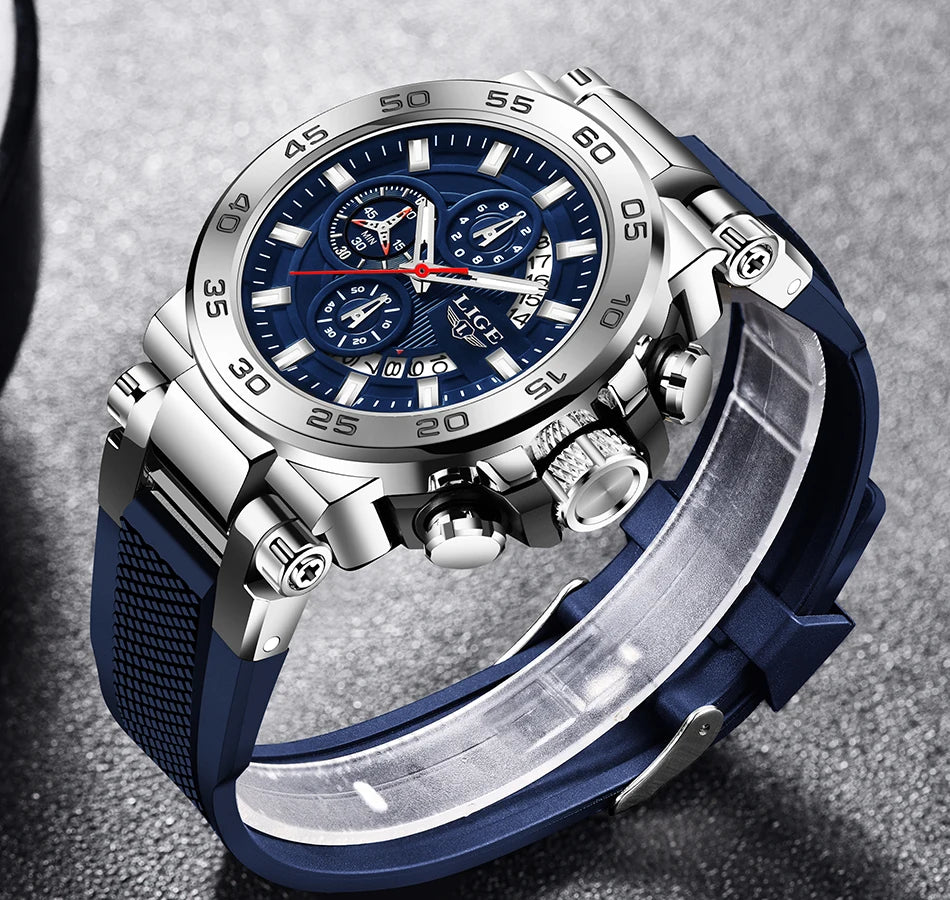 LIGE Men's Watches Top Luxury Brand Big Dial Waterproof Quartz Wristwatch Sport Chronograph Clock