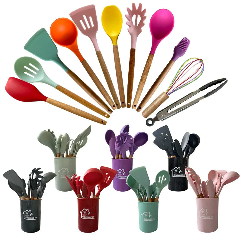 12PCS silicone non-stick kitchen utensils with wooden handles, including spatula and egg beaters; eco-friendly kitchenware accessories.