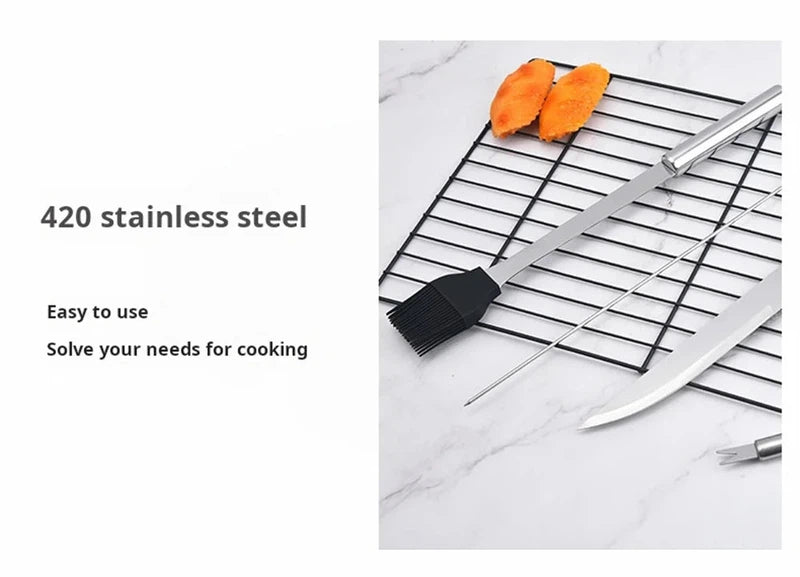 Stainless steel barbecue tools set on a grill, ideal for outdoor picnics and grilling.