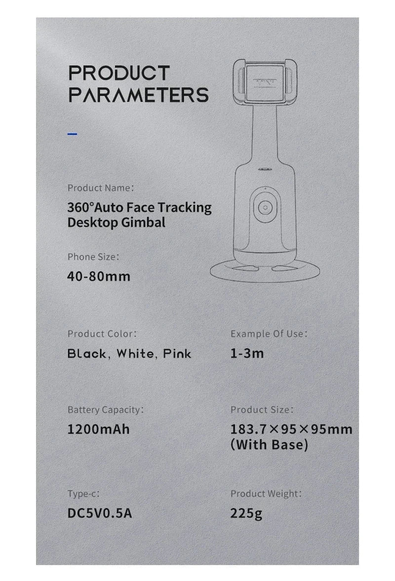 AI tracking gimbal specifications page with details including product name, phone size supported, color options, battery capacity, dimensions, and weight.