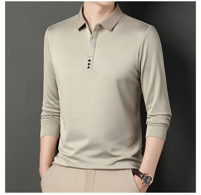 Men's Polo T-Shirt Casual Waffle Long Sleeve T-shirt Spring Autumn Elastic Lapel Base Shirt Top Brand Male Clothes