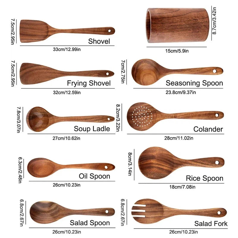 Eco-friendly 6/7/8 piece wooden kitchen utensils set with shovel, spatula, spoon, and more.