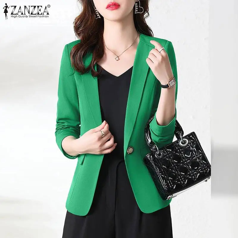 Women Blazer by ZANZEA Women Elegant OL Jackets Casual Slim Outwear Solid Lapel Neck Long Sleeve Work Thin Coats