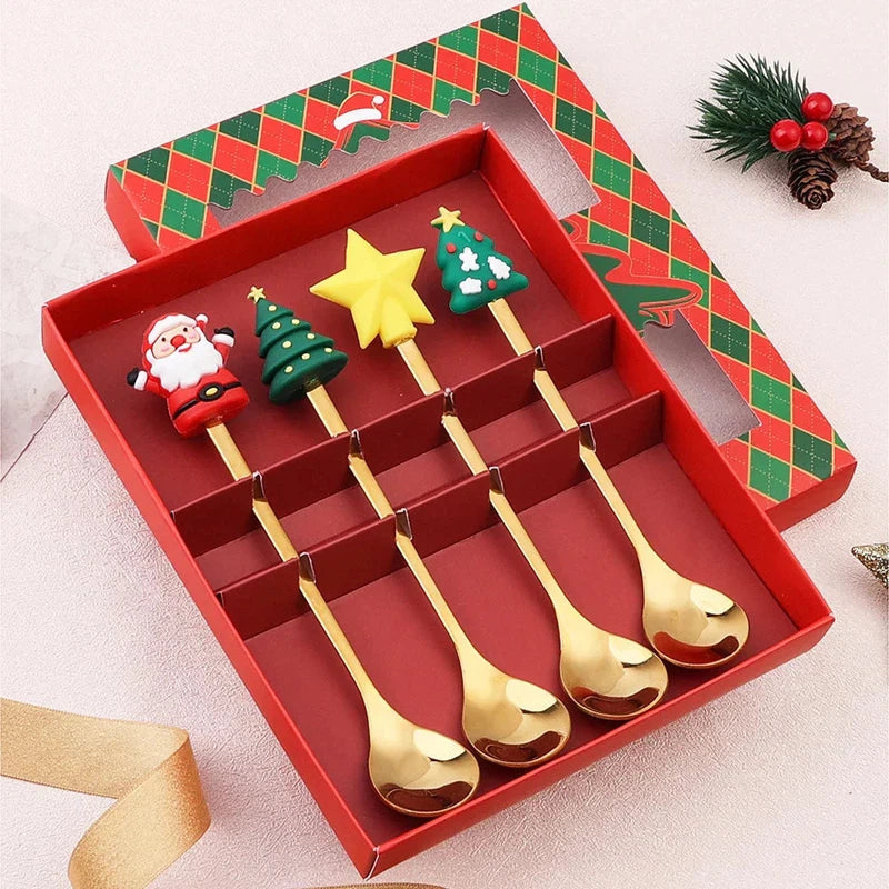 Christmas-themed stainless steel coffee spoon and fork set in a festive red and green gift box, featuring decorative handles with holiday motifs.