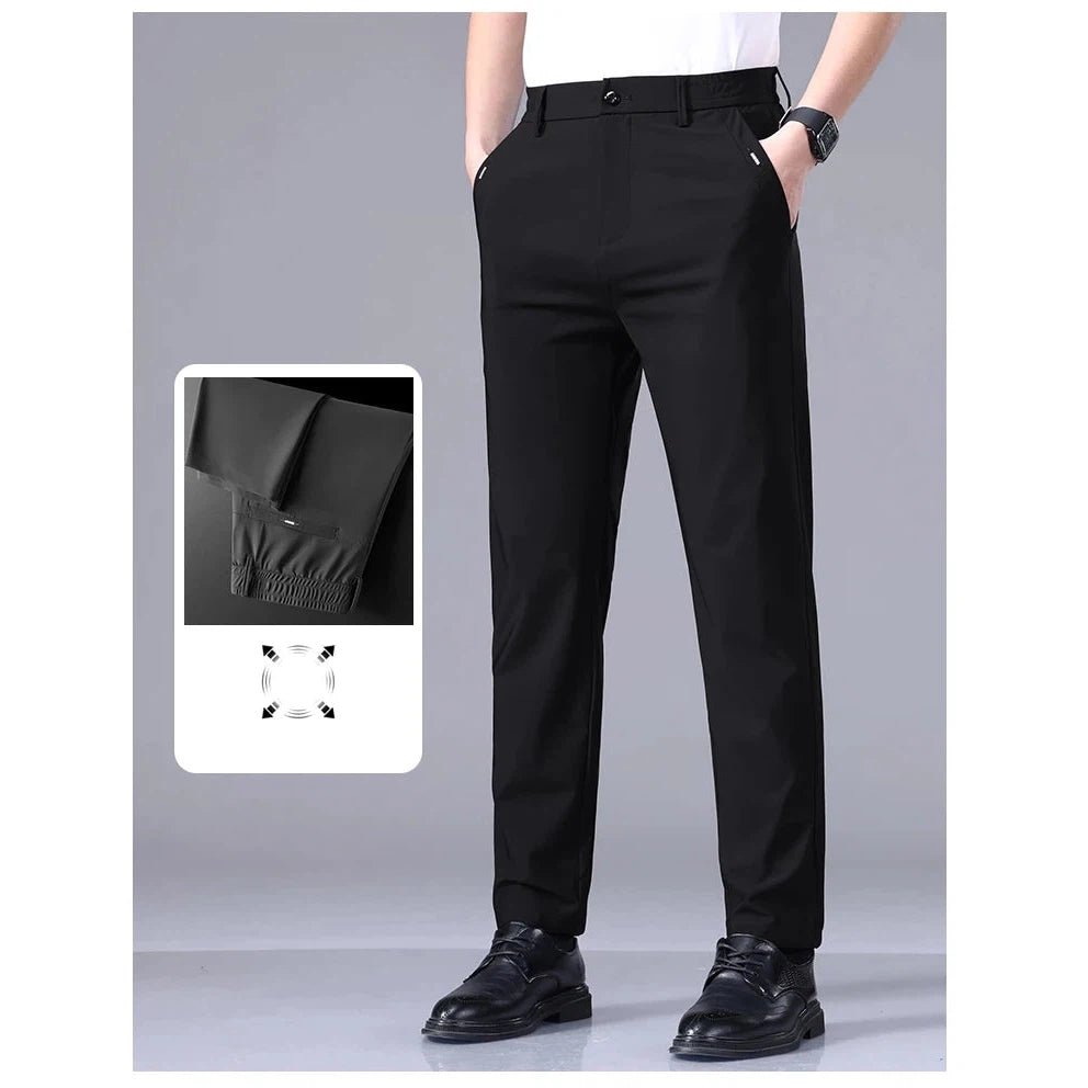 Men's Pants High Elastic Ultra-thin Casual Business Straight Slim Trousers Breathable Classic Black Gray Male Brand Pant