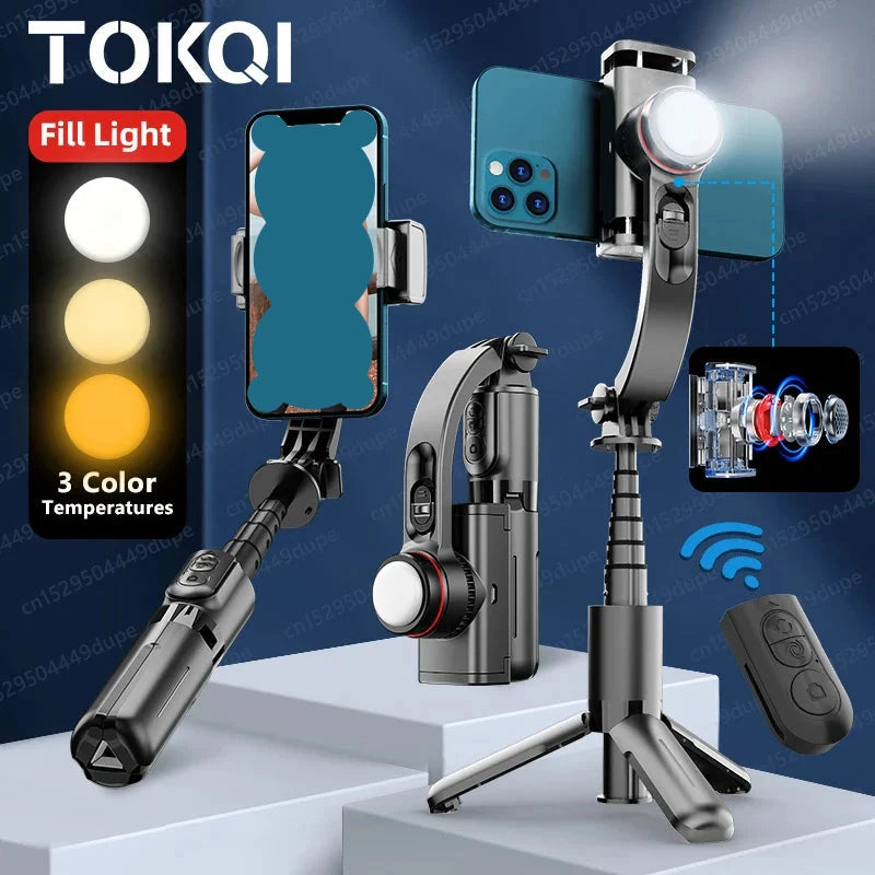 Selfie stick tripod with fill light, gimbal stabilizer, Bluetooth remote, and extendable design for smartphones.