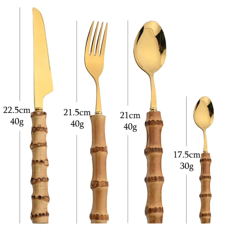 6/24Pcs dinnerware set with bamboo handle and stainless steel knife, fork, spoon, teaspoon, and luxury cutlery rack.