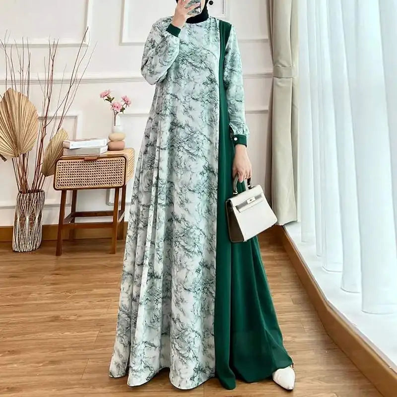 Women Spring Patchwork Maxi Dress ZANZEA Floral Printed Muslim Abaya Robe Femme Long Sleeve Dubai Sundress Islamic Clothing 2024