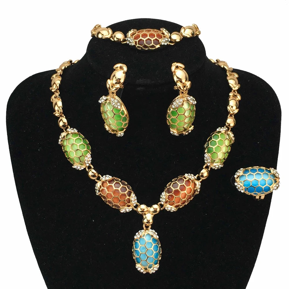 Gold-Plated Beads Necklace Earrings Bracelet Ring Sets Girls Birthday Gifts FHK17030