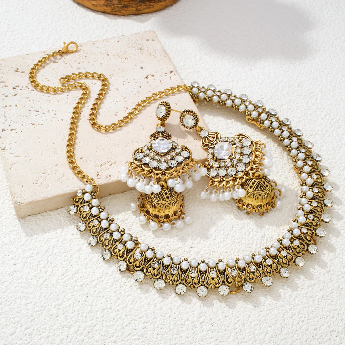 Bronze Pearl Beads Crystal Pendant Earrings Necklace Sets Bijoux Ethnic Rhinestone Bridle Jewelry Sets