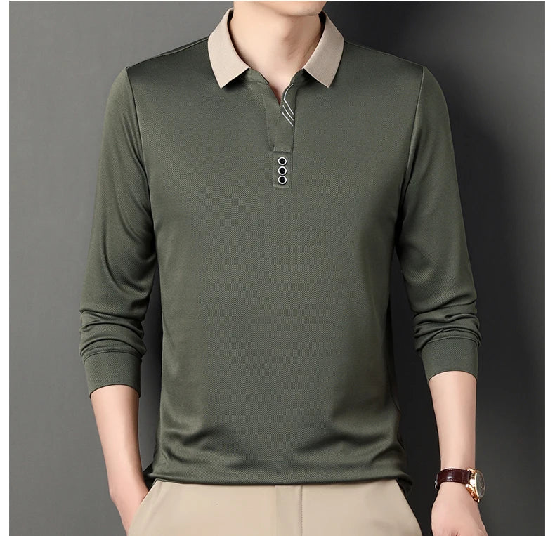 Men's Polo T-Shirt Casual Waffle Long Sleeve T-shirt Spring Autumn Elastic Lapel Base Shirt Top Brand Male Clothes