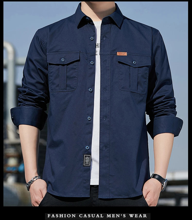 Men's Shirt Cotton New Cargo Style Long Sleeve Outdoor Casual High Quality Clothing