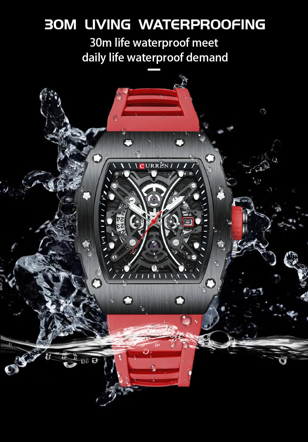 Men Quartz Watches CURREN 3D Stainless Steel Watches Waterproof Silicone Strap Wristwatch