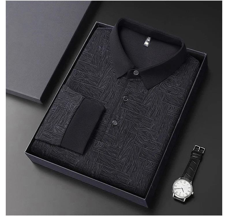 Men's Polo Shirt Hollow Printing Lapel Long-sleeved Business Fashion Male T-Shirt Golf Bottoming Shirt Top