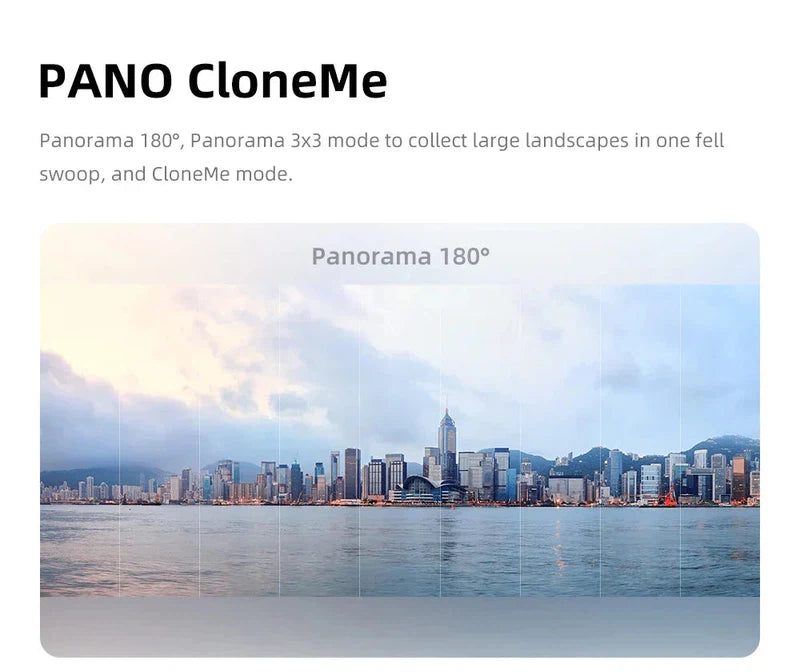 PANO CloneMe feature on the TOKQI M01 Handheld 3-Axis Gimbal, showcasing 180-degree panorama mode for capturing large landscapes.