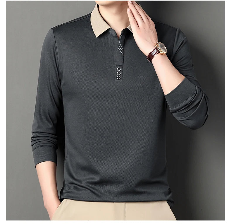 Men's Polo T-Shirt Casual Waffle Long Sleeve T-shirt Spring Autumn Elastic Lapel Base Shirt Top Brand Male Clothes