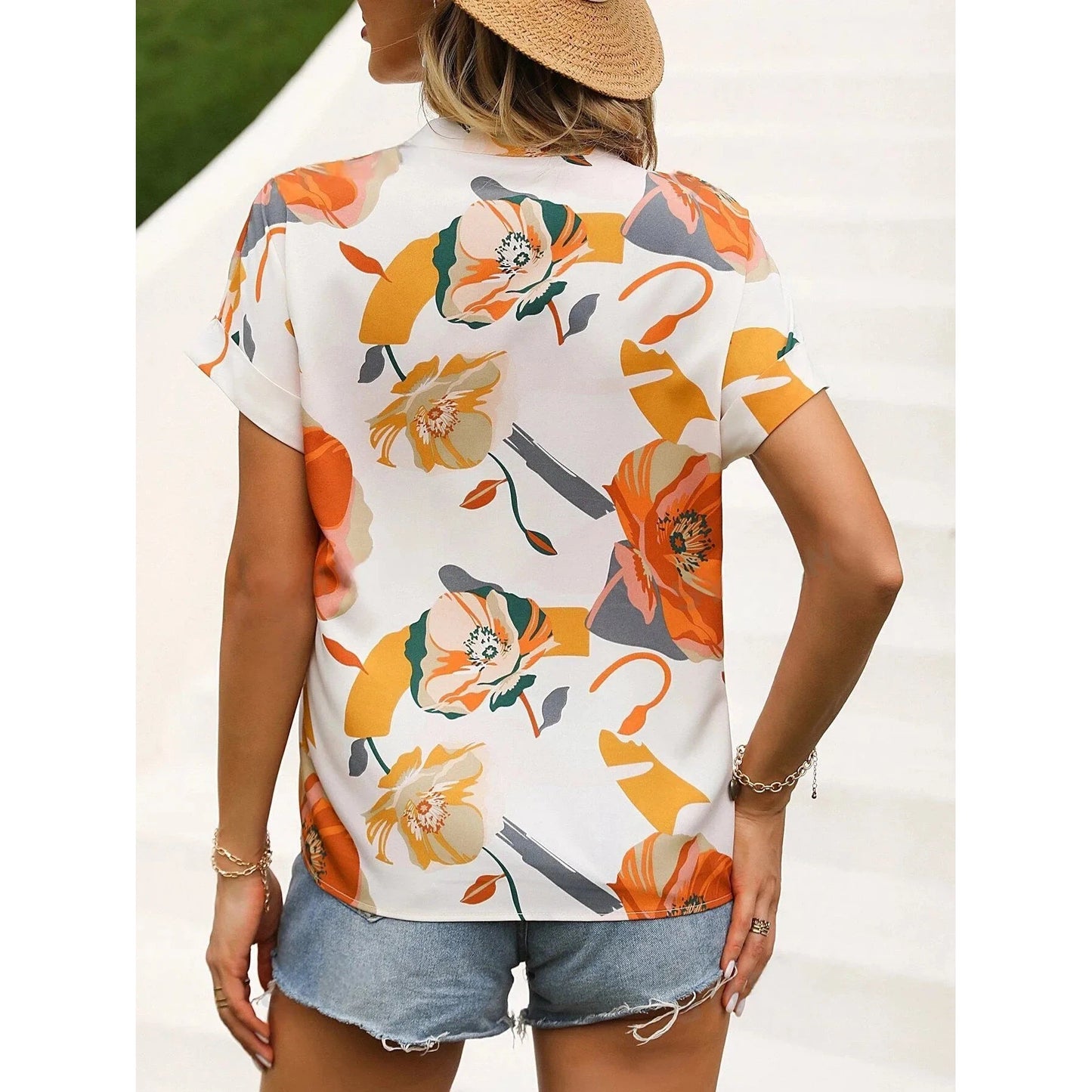 Women Blouse Flora Print Notched Neck Batwing Sleeve Blouse, Ladies Tops Shirts