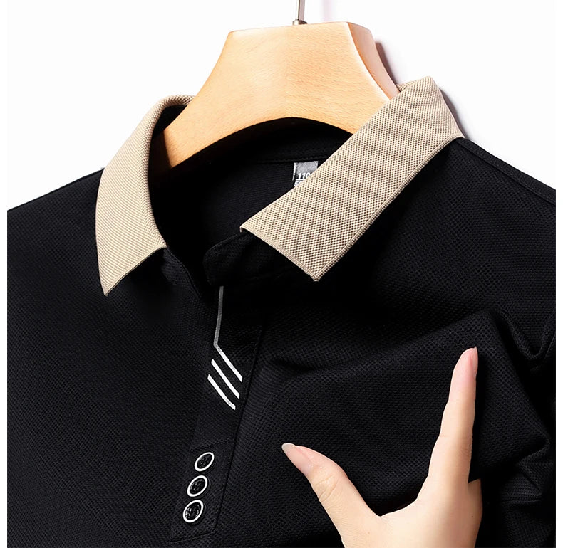 Men's Polo T-Shirt Casual Waffle Long Sleeve T-shirt Spring Autumn Elastic Lapel Base Shirt Top Brand Male Clothes