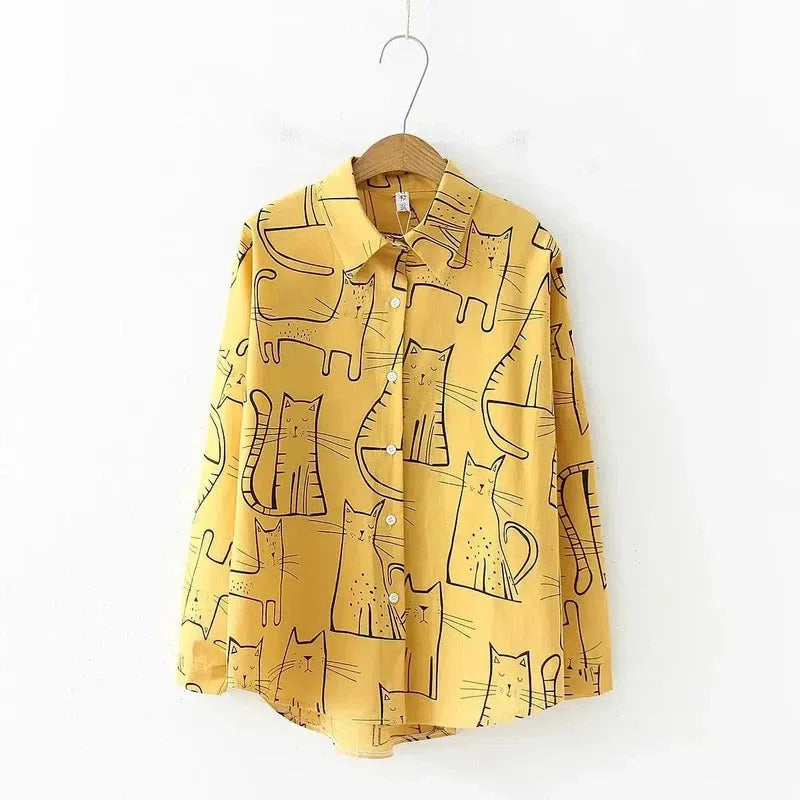 Women's vintage yellow blouse with cat print, casual streetwear style for summer and autumn.