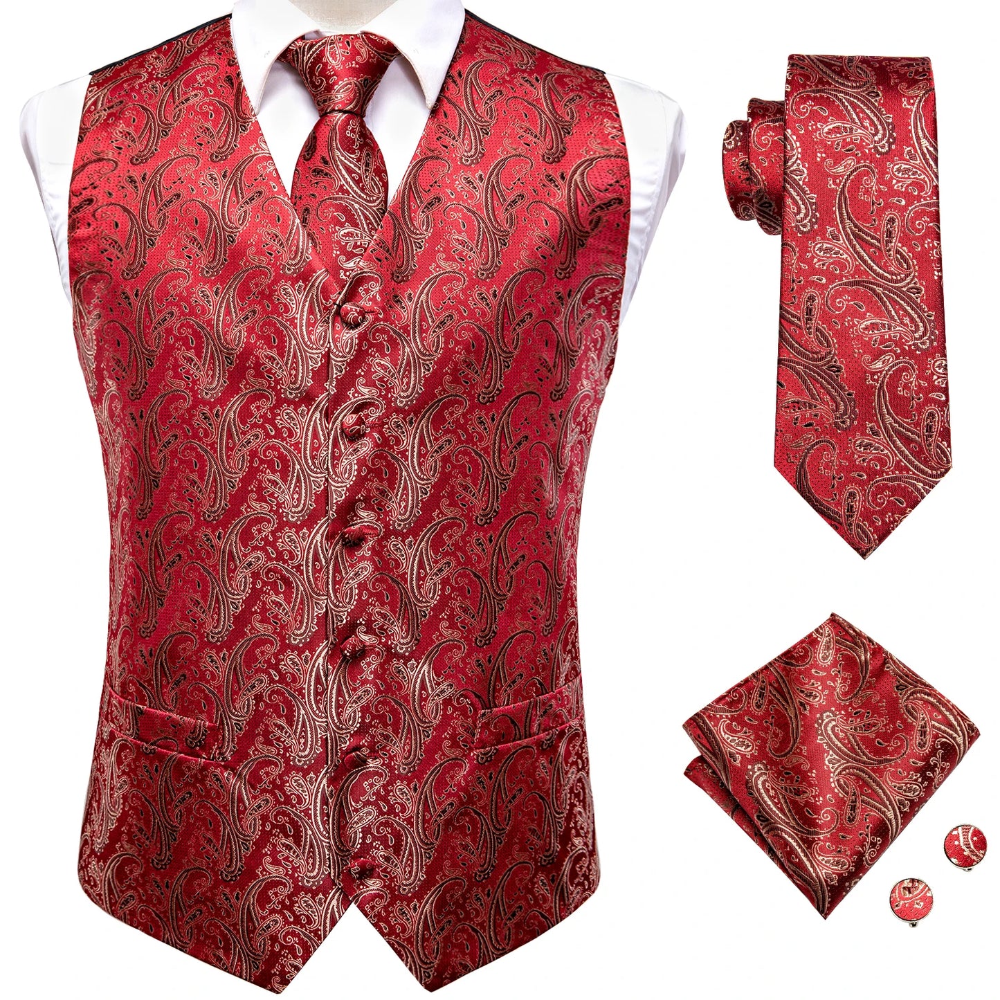 Men Suit Vests Hi-Tie Silk 4PC Woven Floral Black Waistcoat Tie Pocket Square Cufflink Business Wedding Dress Waist Jacket
