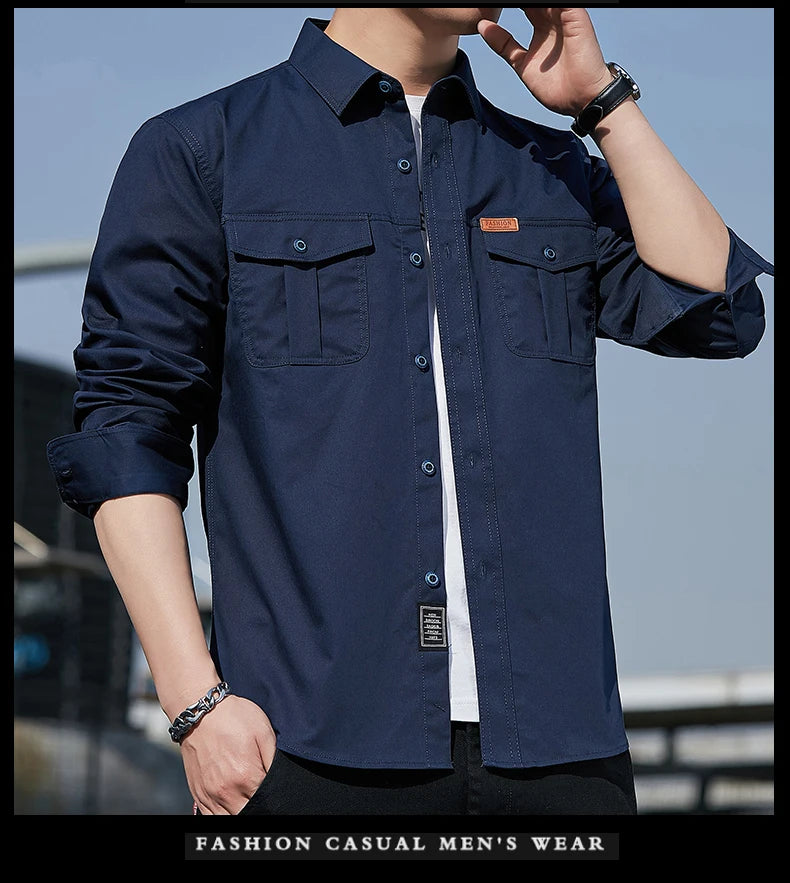 Men's Shirt Cotton New Cargo Style Long Sleeve Outdoor Casual High Quality Clothing