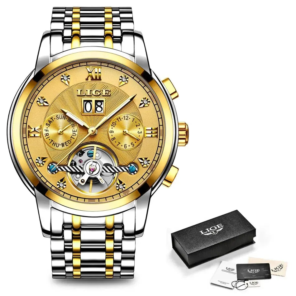 LIGE Luxury Tourbillon Watch for Men Sport Men's Mechanical Wristwatches Casual Waterproof Automatic Watch