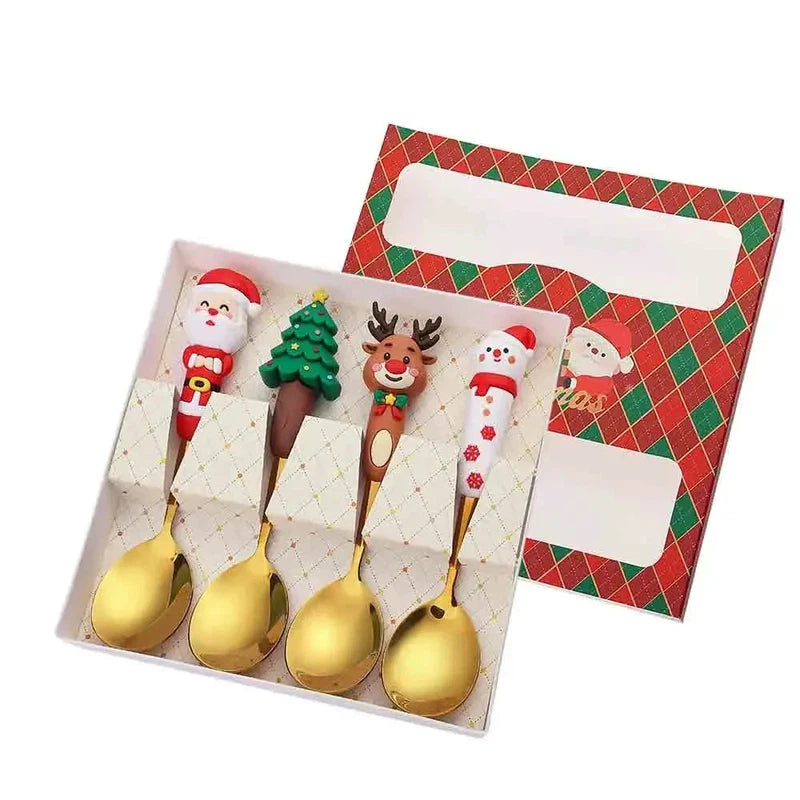 4-piece Christmas cutlery set with cartoon doll designs, includes stainless steel dessert spoons and forks.