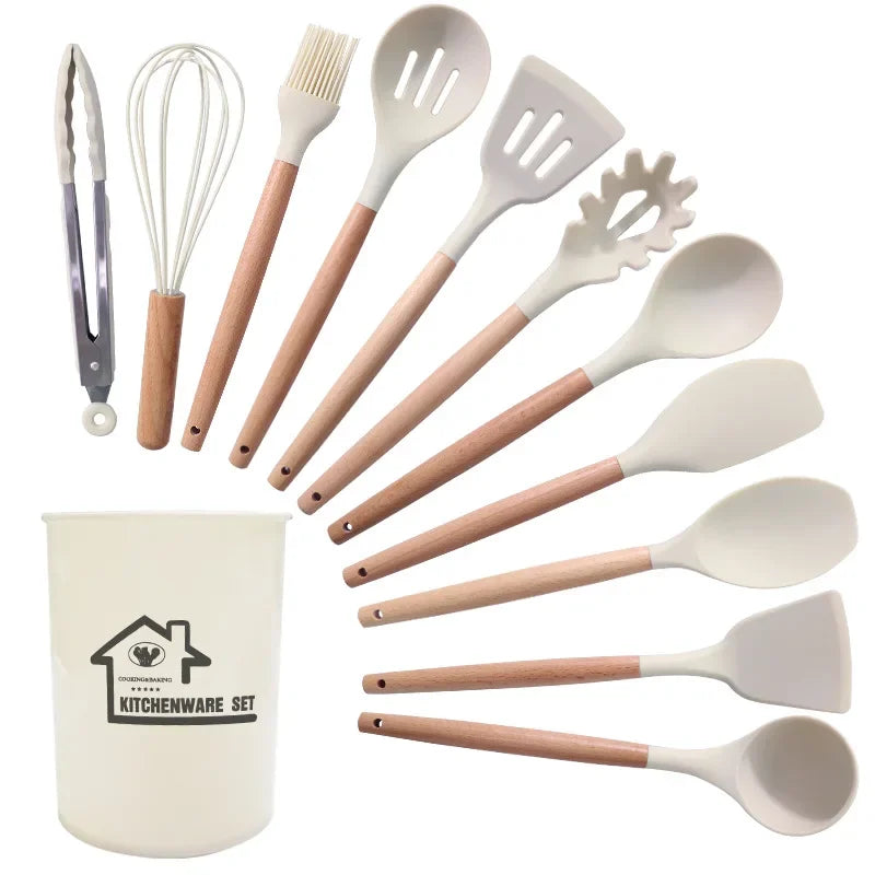 12-piece silicone kitchen utensil set with wooden handles, including spatulas and egg beaters.