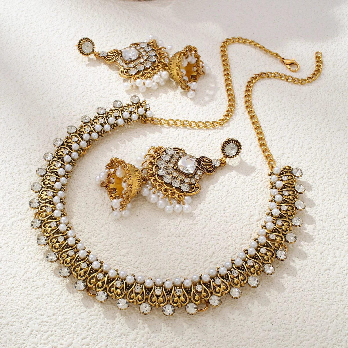 Bronze Pearl Beads Crystal Pendant Earrings Necklace Sets Bijoux Ethnic Rhinestone Bridle Jewelry Sets