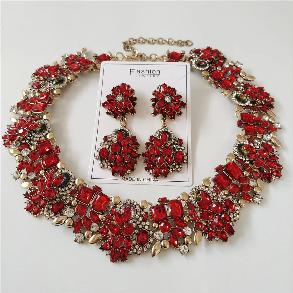 Crystal Rhinestones Necklace Earrings Bridal Jewelry Sets Big Choker Necklace