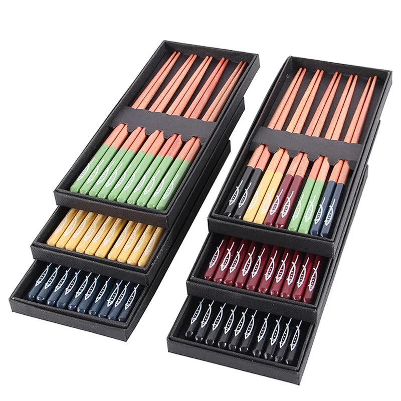 5 Pair Wooden Chopsticks Set in Gift Box, Multi-Color, Non-Slip Tableware