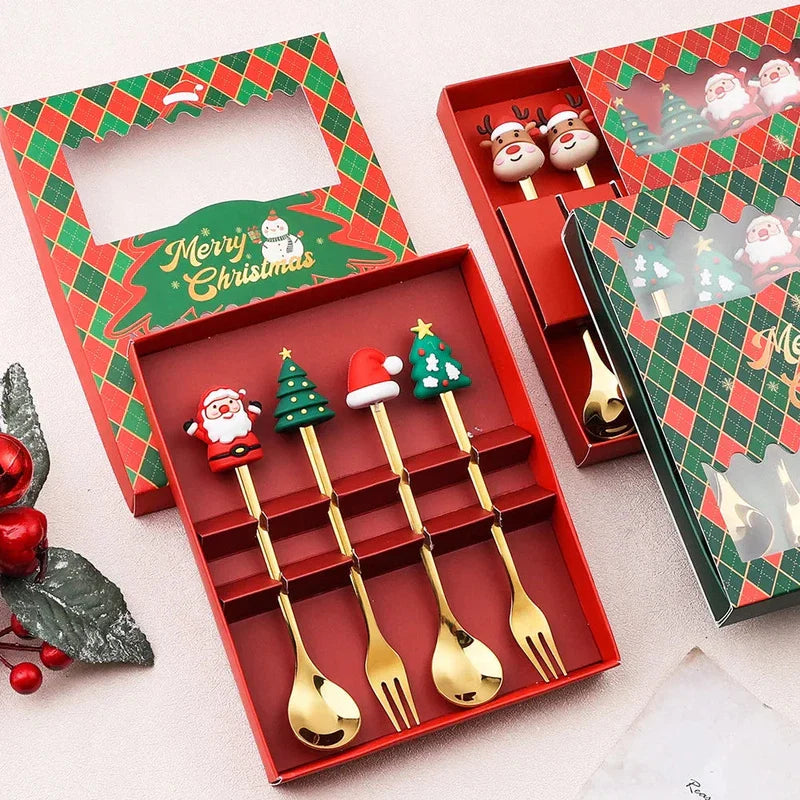 Christmas-themed gold spoon and fork set with festive Elk and tree decorations.