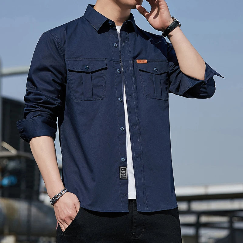 Men's Shirt Cotton New Cargo Style Long Sleeve Outdoor Casual High Quality Clothing