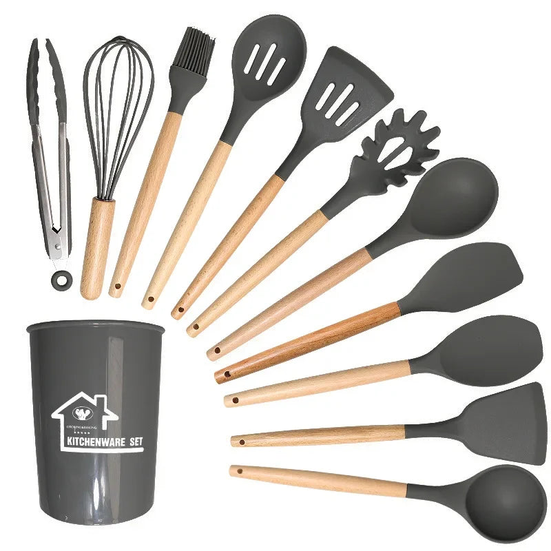 12-piece silicone non-stick cookware set with wooden handles, including spatulas and egg beaters for kitchenware accessories.