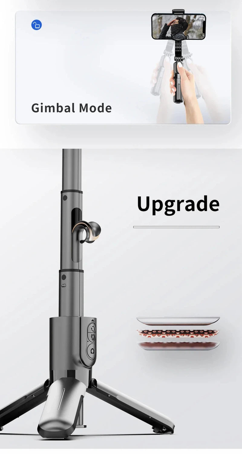 Selfie stick tripod with fill light, gimbal stabilizer, and Bluetooth remote for smartphones.