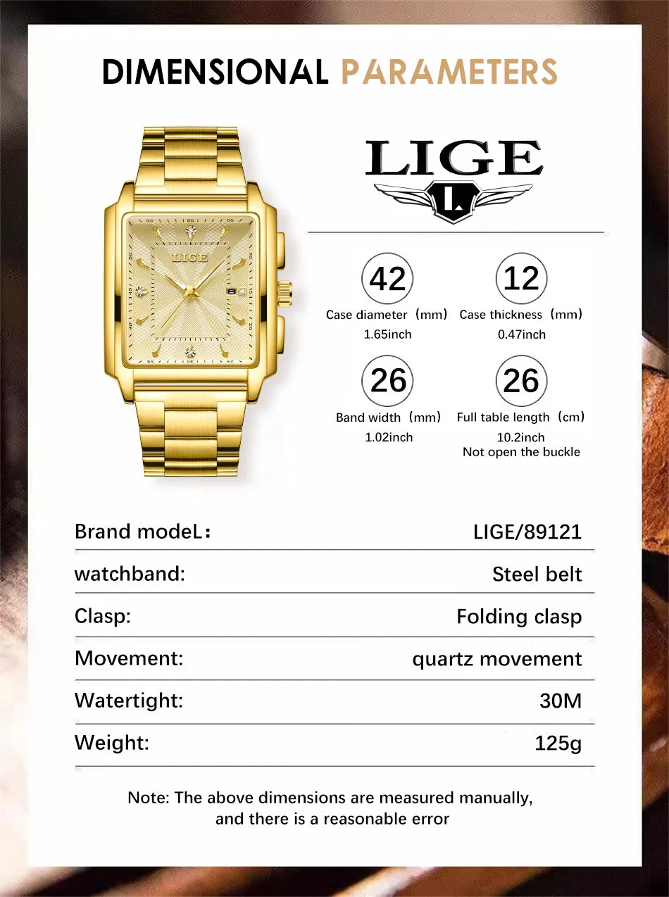 LIGE Men Square Gold Watch Top Brand Luxury Quartz Watches Stainless Steel Waterproof Wristwatch Relogio Masculino