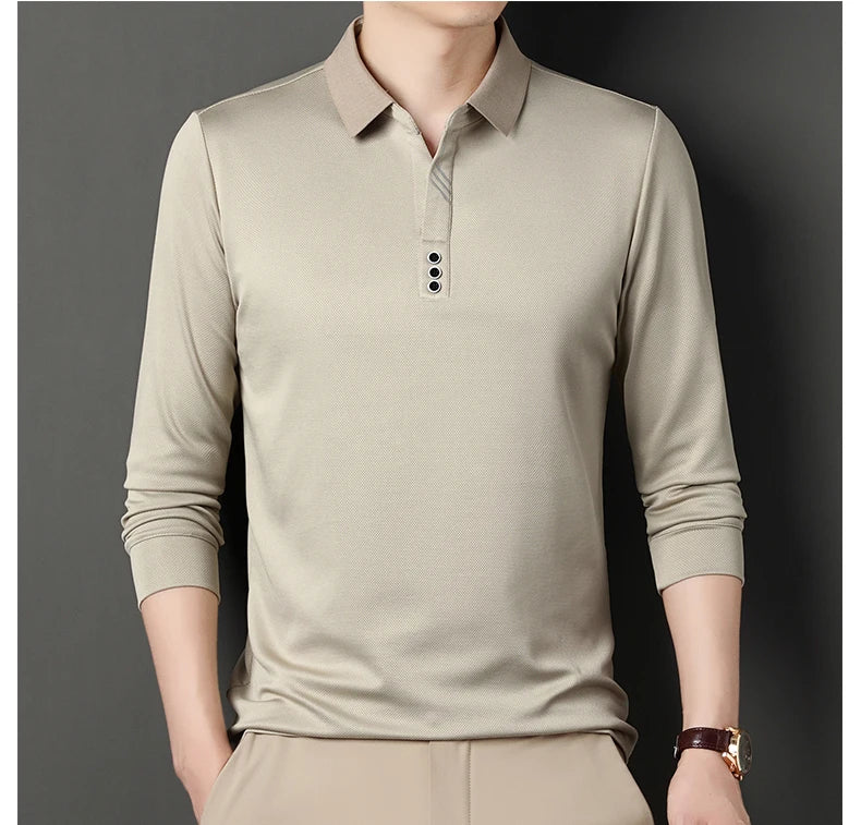 Men's Polo T-Shirt Casual Waffle Long Sleeve T-shirt Spring Autumn Elastic Lapel Base Shirt Top Brand Male Clothes