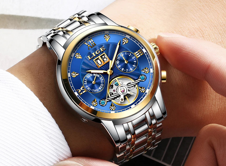 LIGE Luxury Tourbillon Watch for Men Sport Men's Mechanical Wristwatches Casual Waterproof Automatic Watch