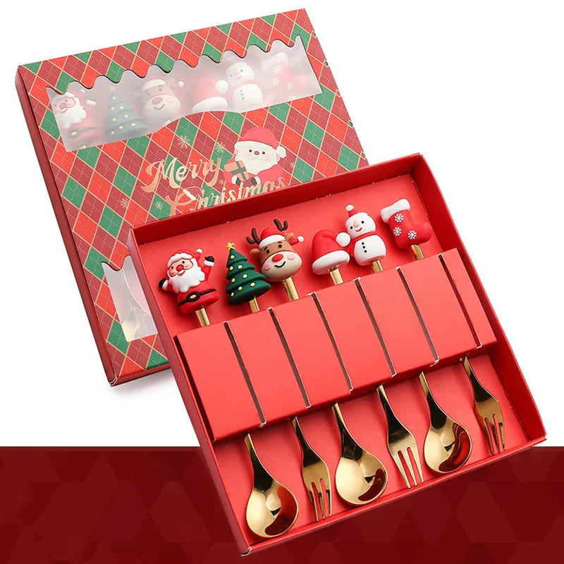 Christmas gift gold spoon fork set with elk motif, festive cutlery for dessert and coffee.