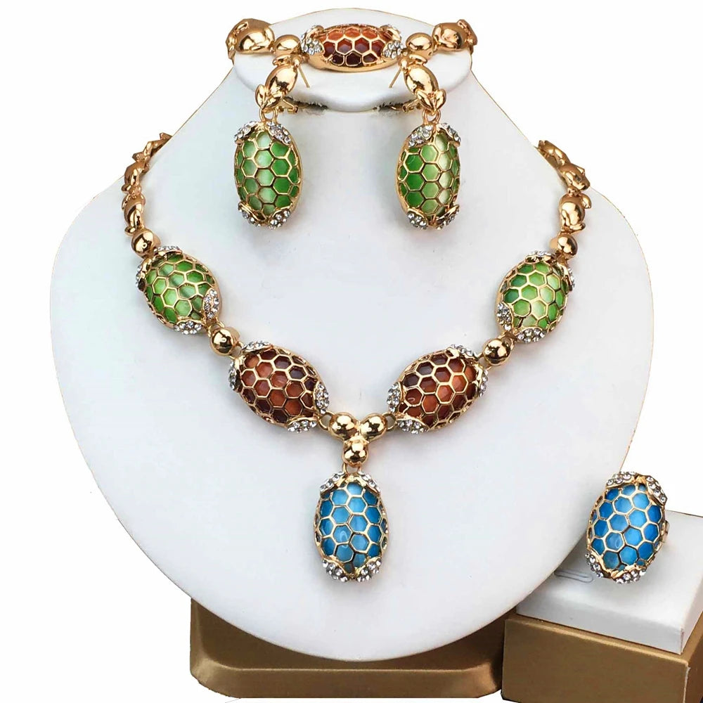 Gold-Plated Beads Necklace Earrings Bracelet Ring Sets Girls Birthday Gifts FHK17030