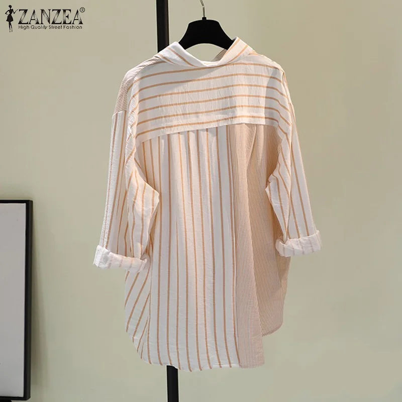 ZANZEA Women Blouse Lapel Neck Long Sleeve Striped, Spring Patchwork Tops, Stylish Casual Buttons Down Shirt Loose Blouse