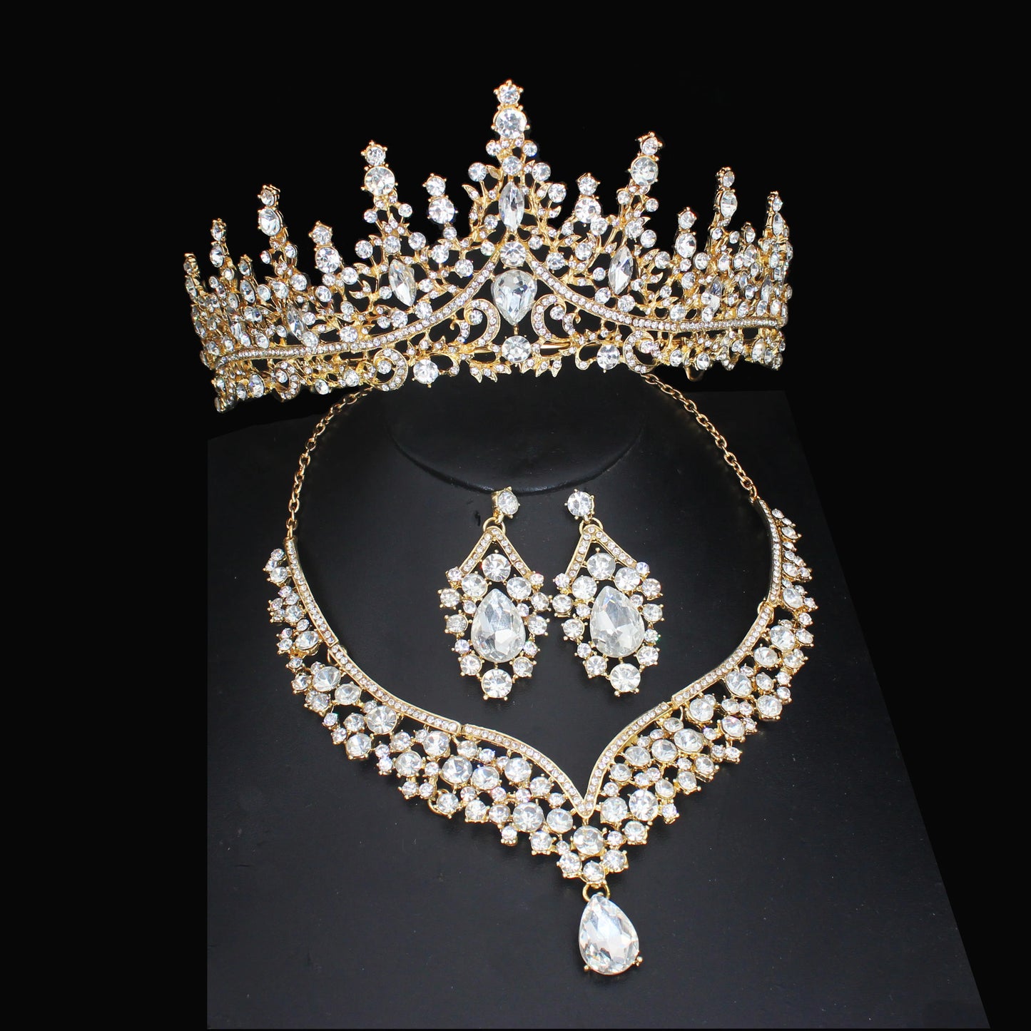 Crystal Wedding Bridal Jewelry Sets Women/Girl Gold Color Tiara/Crown Earrings Choker Necklace Bride Jewelry Set