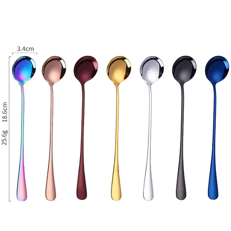 Colorful stainless steel long handle dessert spoons in a set of 6, ideal for coffee, tea, and ice cream.